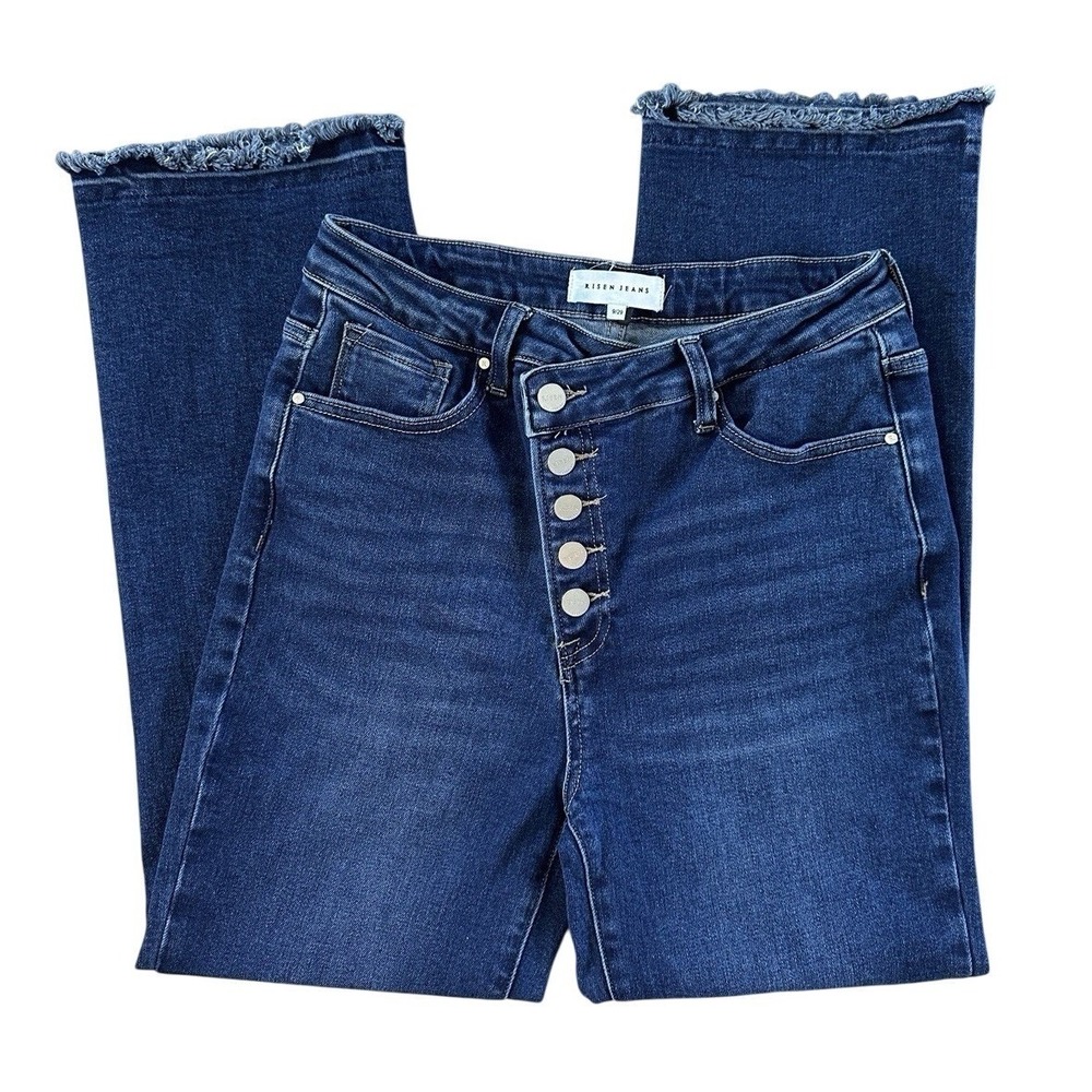 Risen Jeans Womens 9/29 Dark Wash High Rise Button Fly Straight Crop Frayed Hem